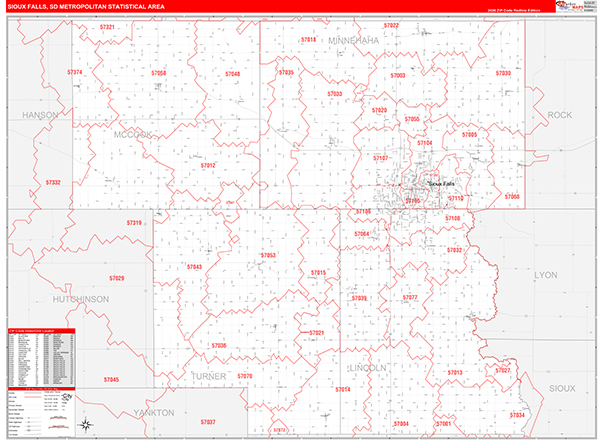 Sioux Falls Metro Area Wall Map Red Line Style